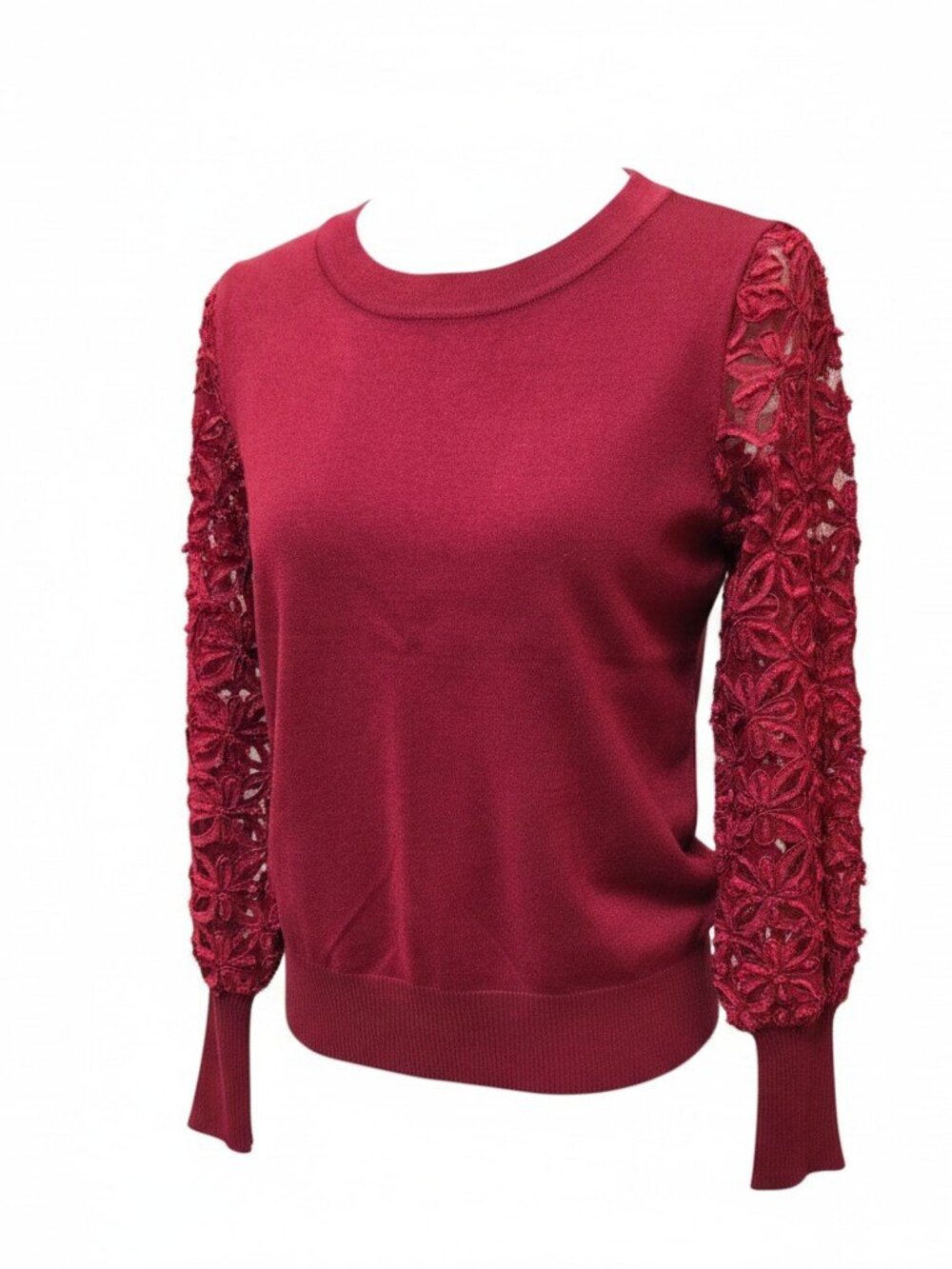 Rio & Rian Women's Wine Red Lace Long Sleeve Ribbed Top Medium NWT